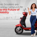 Red scooter with Girl and How Electric Scooters are Revolutionizing Campus Life by iVOOMi energy.