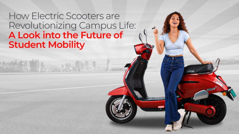 Red scooter with Girl and How Electric Scooters are Revolutionizing Campus Life by iVOOMi energy.